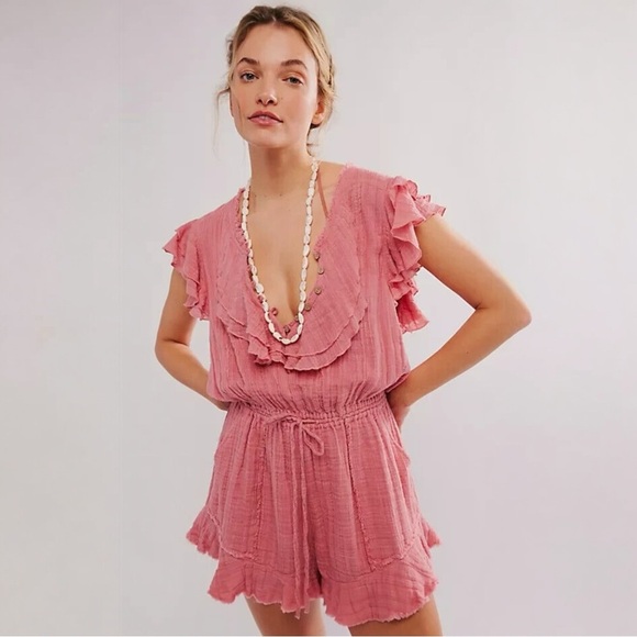 Free People FP One Naya Romper Cap Sleeve Rose Pink Ruffle Medium - Picture 1 of 9